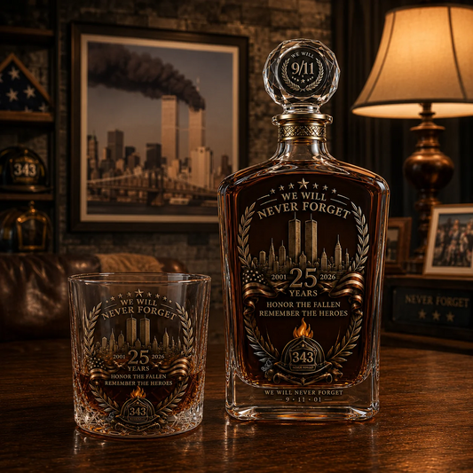 🕊️ 25th Anniversary September 11 Memorial Decanter & Glass Set – Honor. Remember. Never Forget.