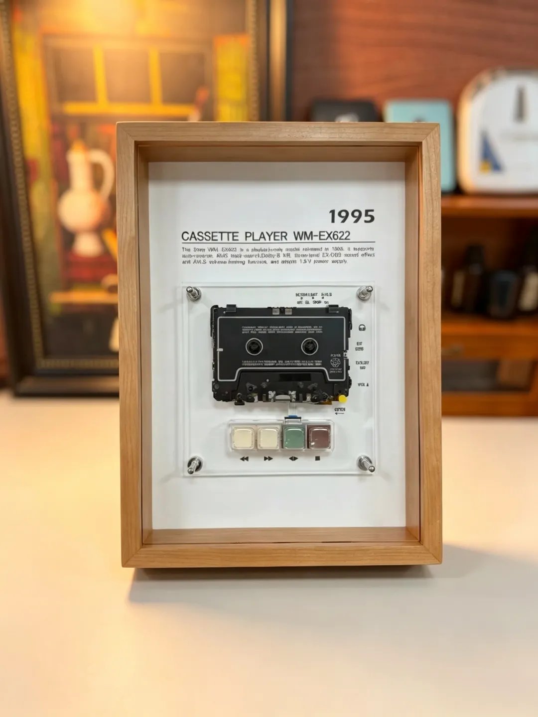 Vintage Cassette Player Frame with Functional Tape Playback & Retro Wall Art Design