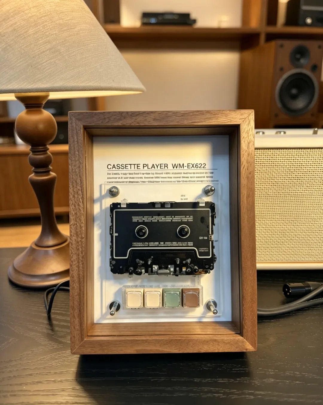 Vintage Cassette Player Frame with Functional Tape Playback & Retro Wall Art Design