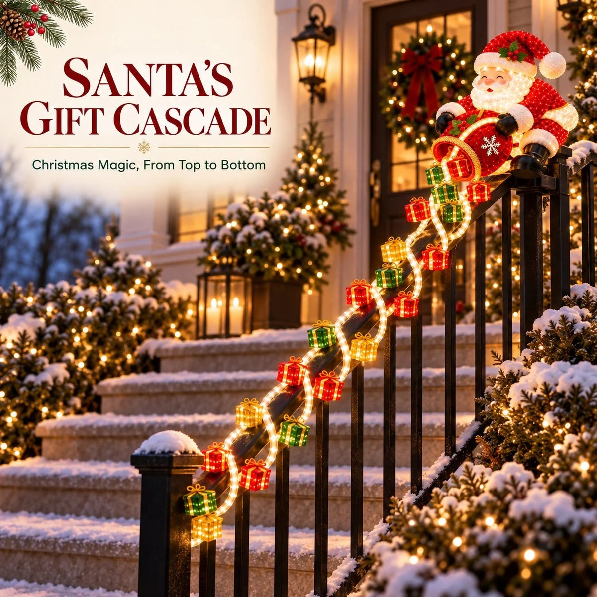 🎅 Lighted Santa Gift Cascade Railing Decor – Turn Your Railing Into a Christmas Scene
