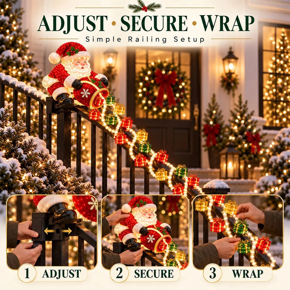 🎅 Lighted Santa Gift Cascade Railing Decor – Turn Your Railing Into a Christmas Scene
