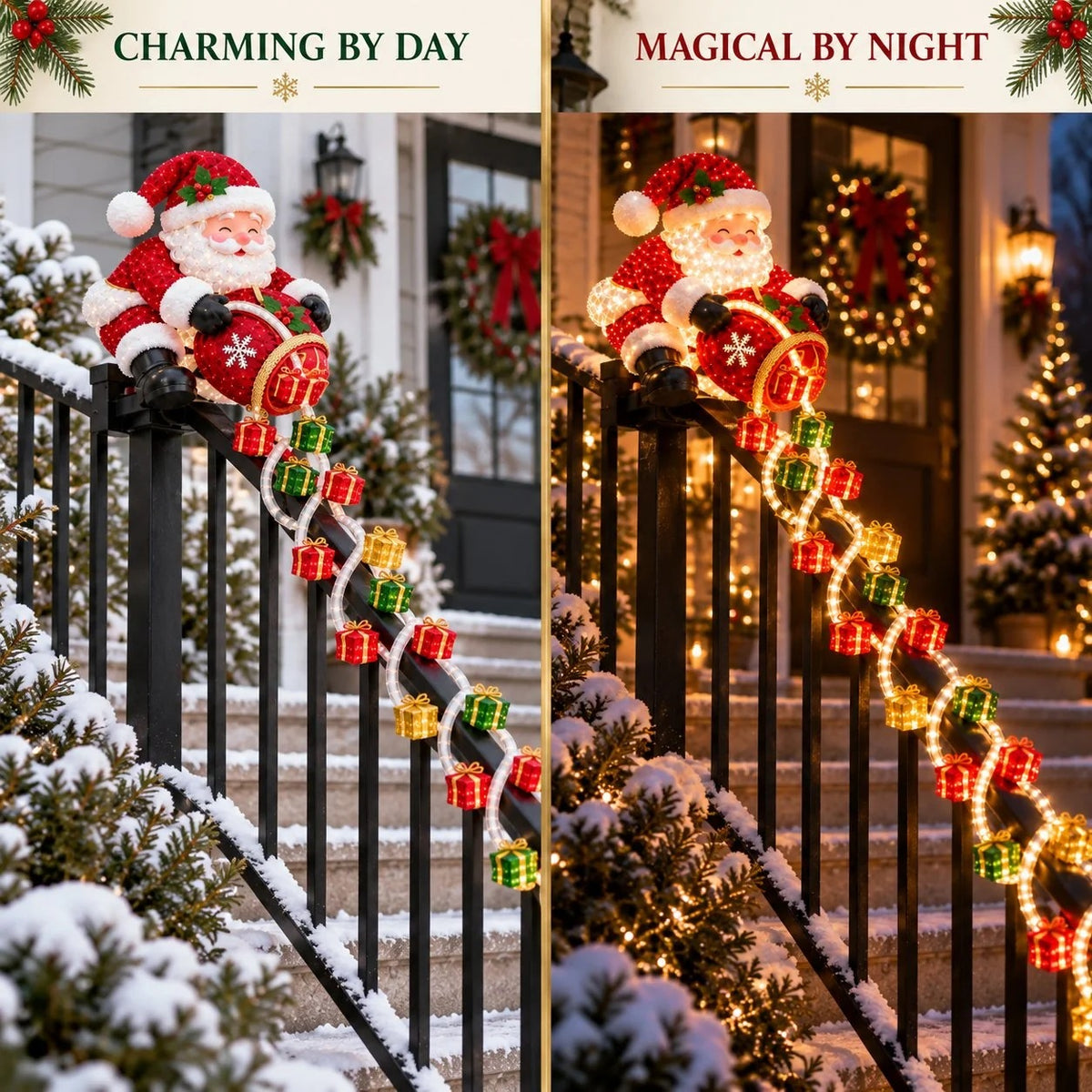 🎅 Lighted Santa Gift Cascade Railing Decor – Turn Your Railing Into a Christmas Scene