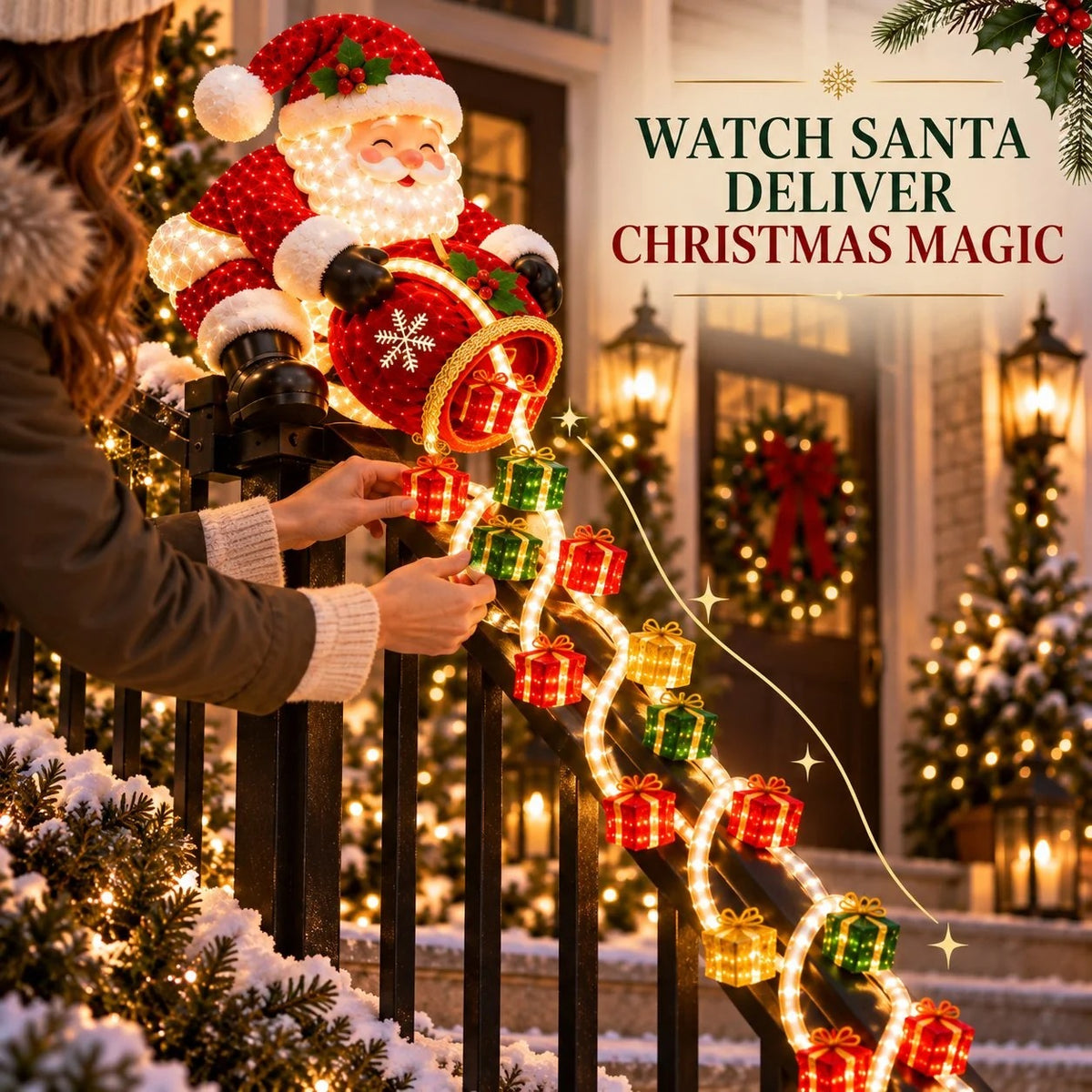 🎅 Lighted Santa Gift Cascade Railing Decor – Turn Your Railing Into a Christmas Scene