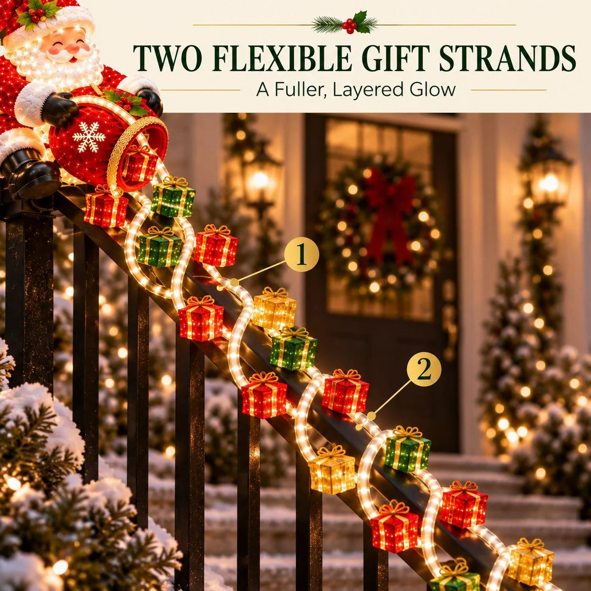 🎅 Lighted Santa Gift Cascade Railing Decor – Turn Your Railing Into a Christmas Scene