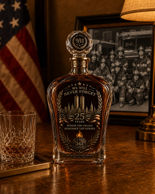 🕊️ 25th Anniversary September 11 Memorial Decanter & Glass Set – Honor. Remember. Never Forget.